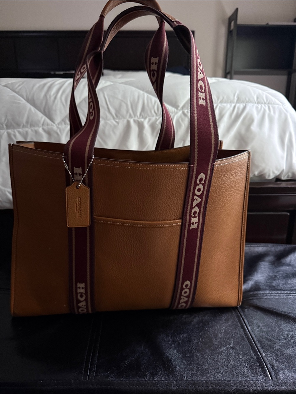 Coach Tan Leather Tote with Maroon Logo Straps